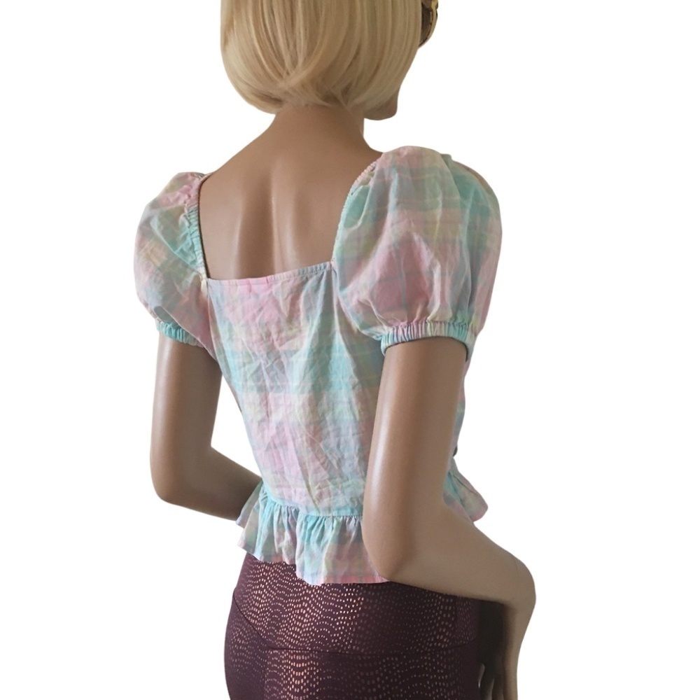 NORDSTROM ABOUND Blouse Pretty Pastel Plaid Tartan Cotton Top Front Bow Tie - Picture 5 of 11